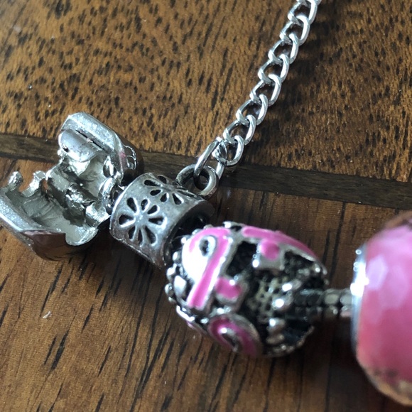 Pink Sterling Silver Bead Charm Breast Cancer Awareness Bracelet - Picture 7 of 12